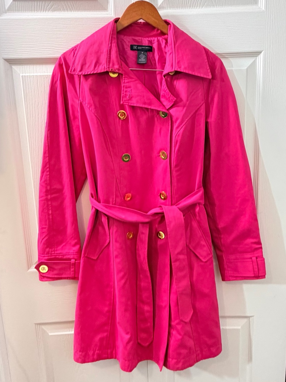 INC International Concepts Hot Pink Belted Trench Coat Double Breasted Size M
